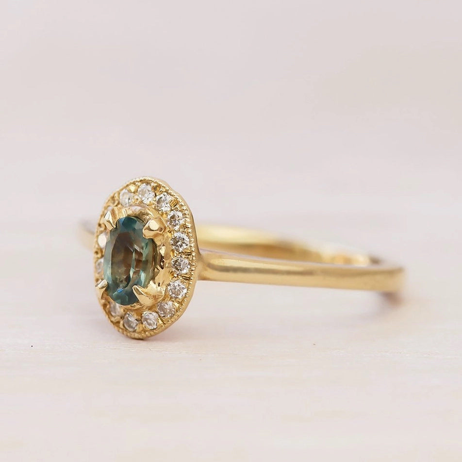 14k Gold Organic Sapphire Ring with Diamond Halo