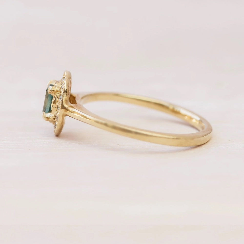 14k Gold Organic Sapphire Ring with Diamond Halo