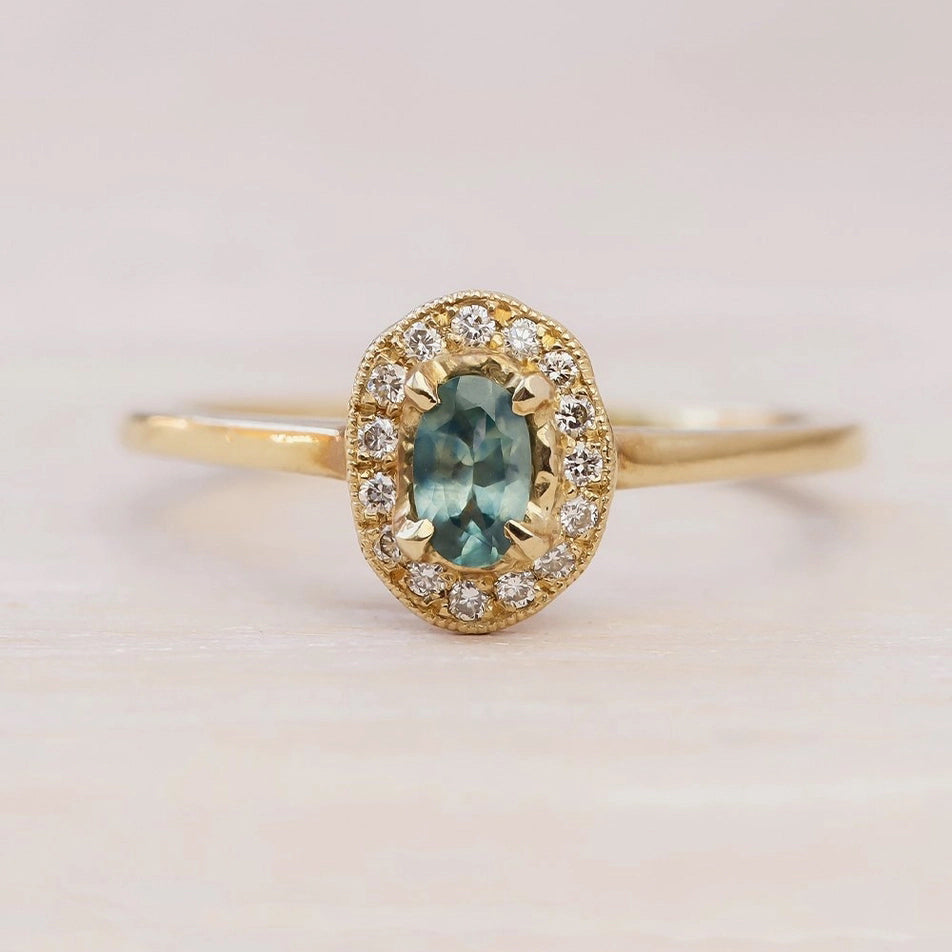 14k Gold Organic Sapphire Ring with Diamond Halo