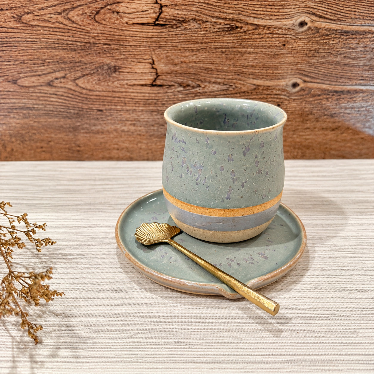 Celadon Stripe Stoneware Cup + Saucer