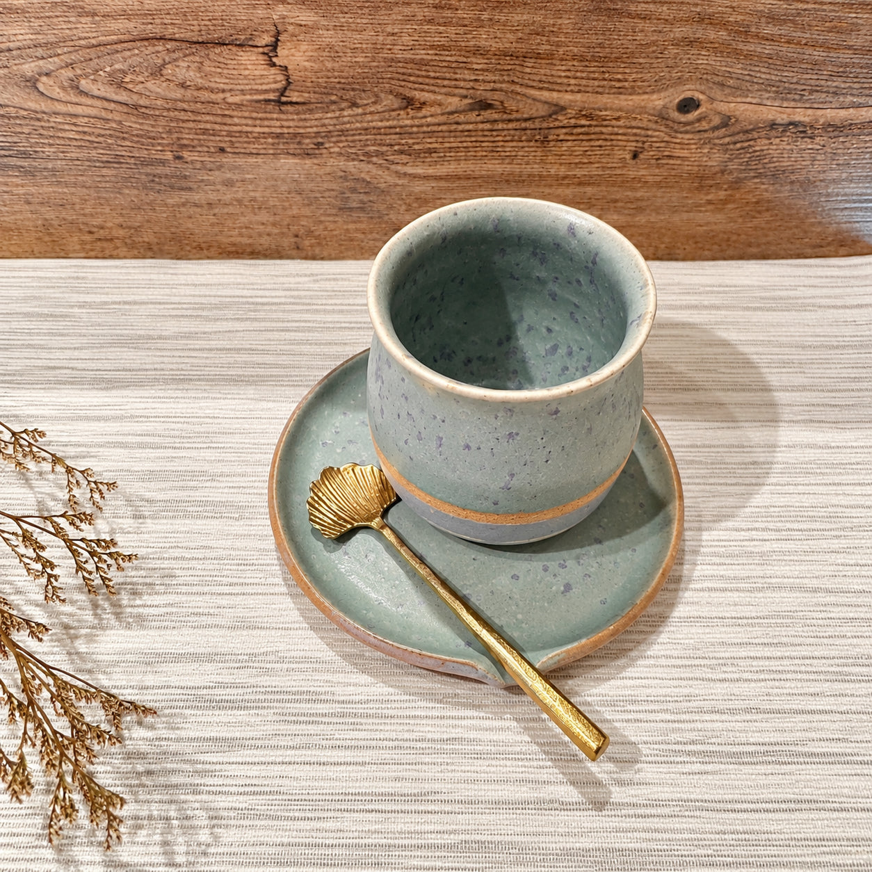 Celadon Stripe Stoneware Cup + Saucer