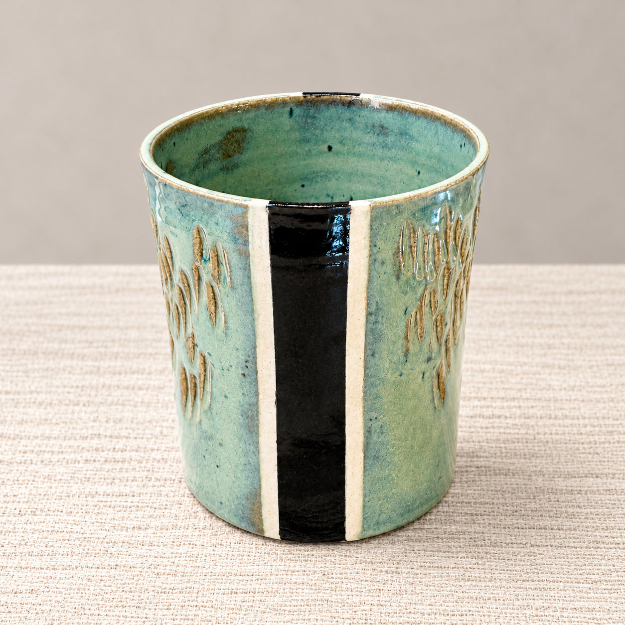 Celadon + Black Carved Stoneware Vessel