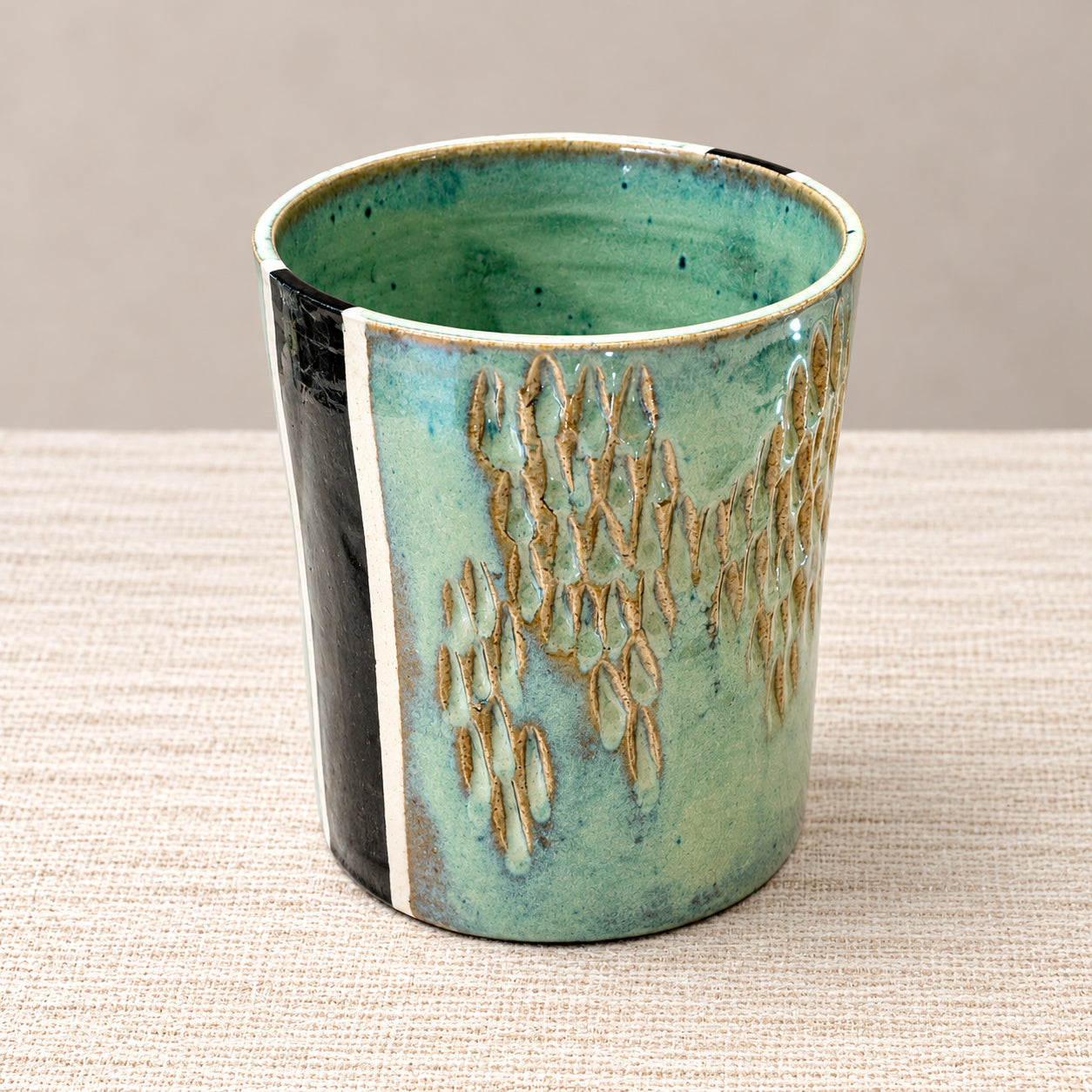 Celadon + Black Carved Stoneware Vessel