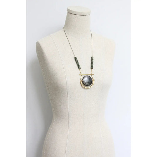 Black Specularite + Moss Green Geometric Long Necklace