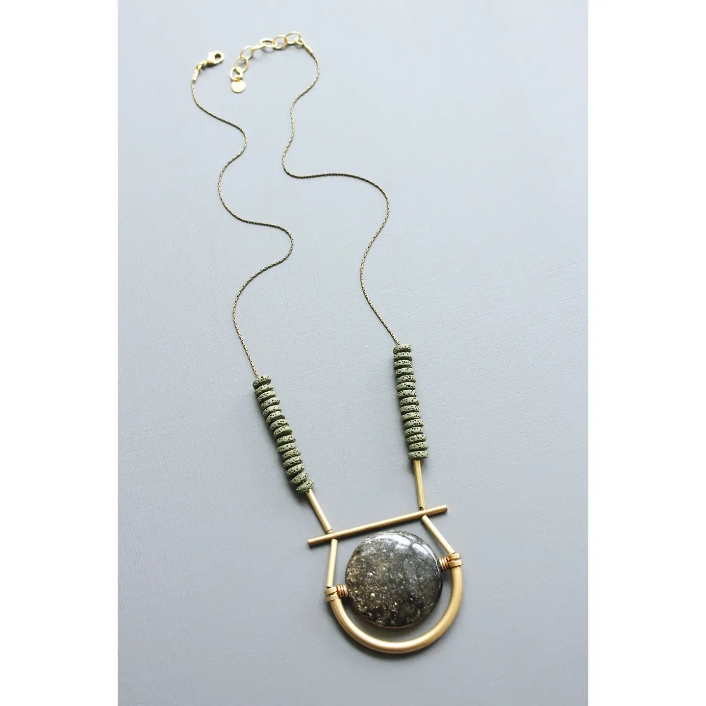 Black Specularite + Moss Green Geometric Long Necklace