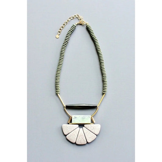Lavender Gray + Moss Green Lotus Art Deco Statement Necklace