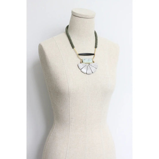 Lavender Gray + Moss Green Lotus Art Deco Statement Necklace
