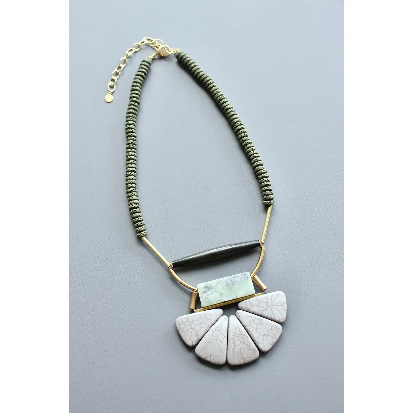 Lavender Gray + Moss Green Lotus Art Deco Statement Necklace