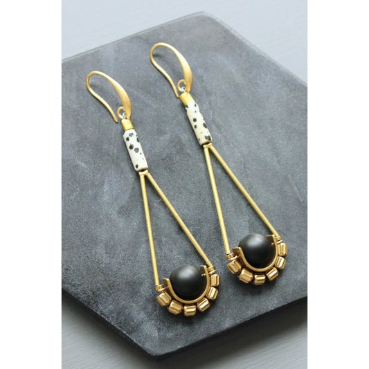 Dalmatian Jasper + Jet Glass Brass Geometric Earrings