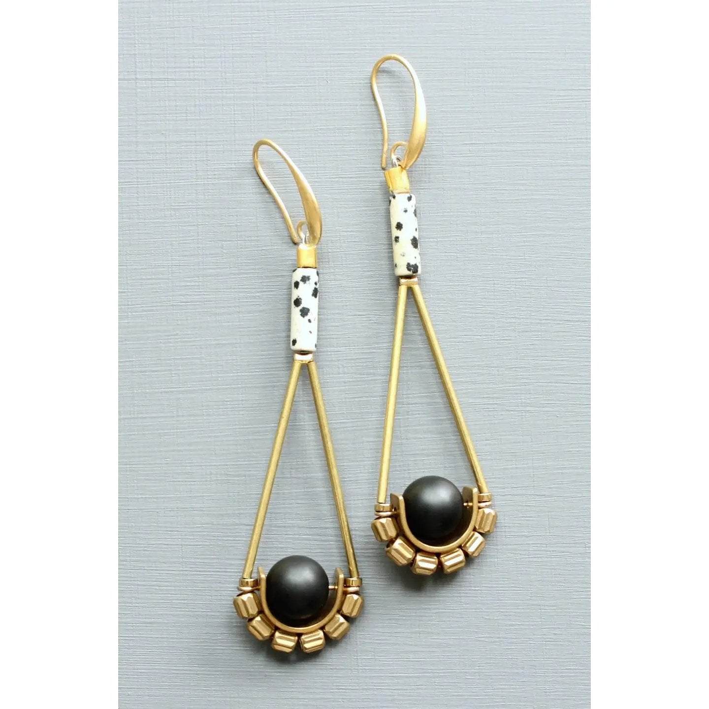 Dalmatian Jasper + Jet Glass Brass Geometric Earrings
