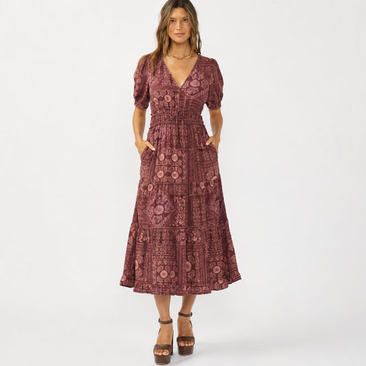 Puff Sleeve Tiered Midi Dress - Wine/Dusty Rose