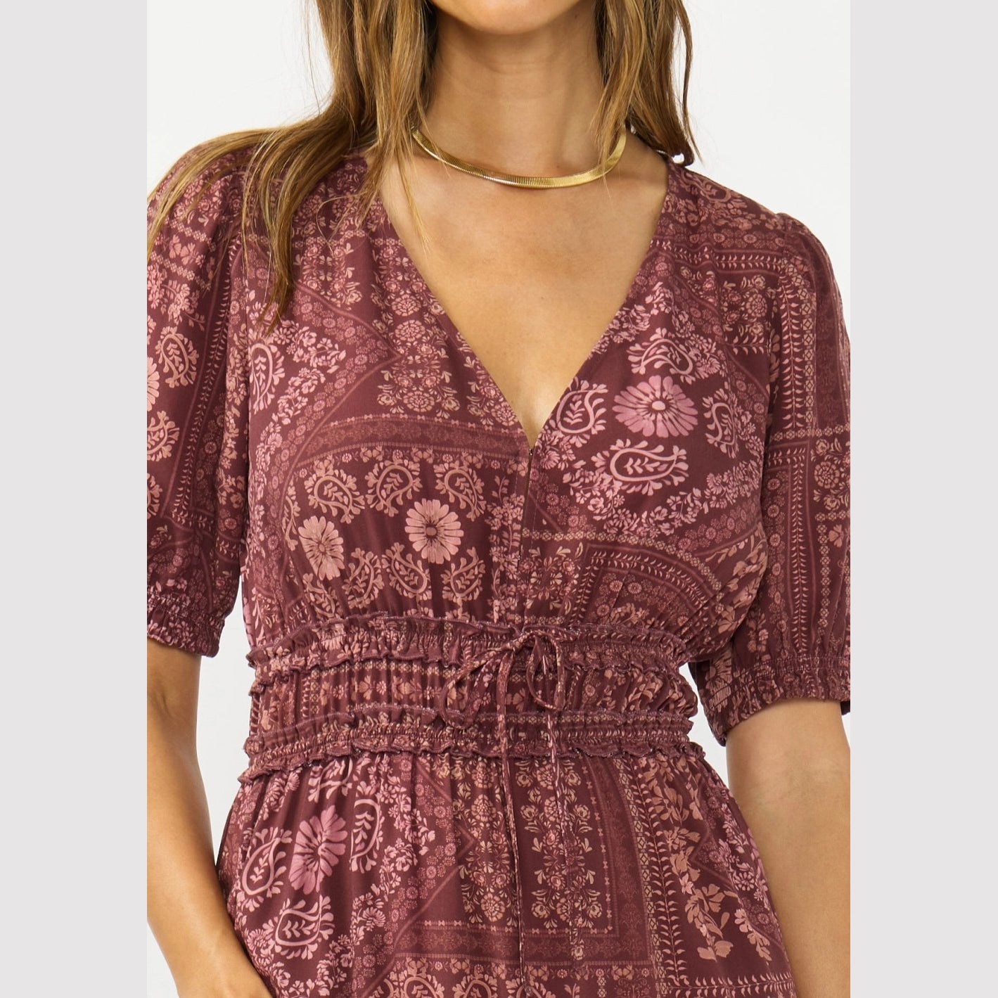Puff Sleeve Tiered Midi Dress - Wine/Dusty Rose