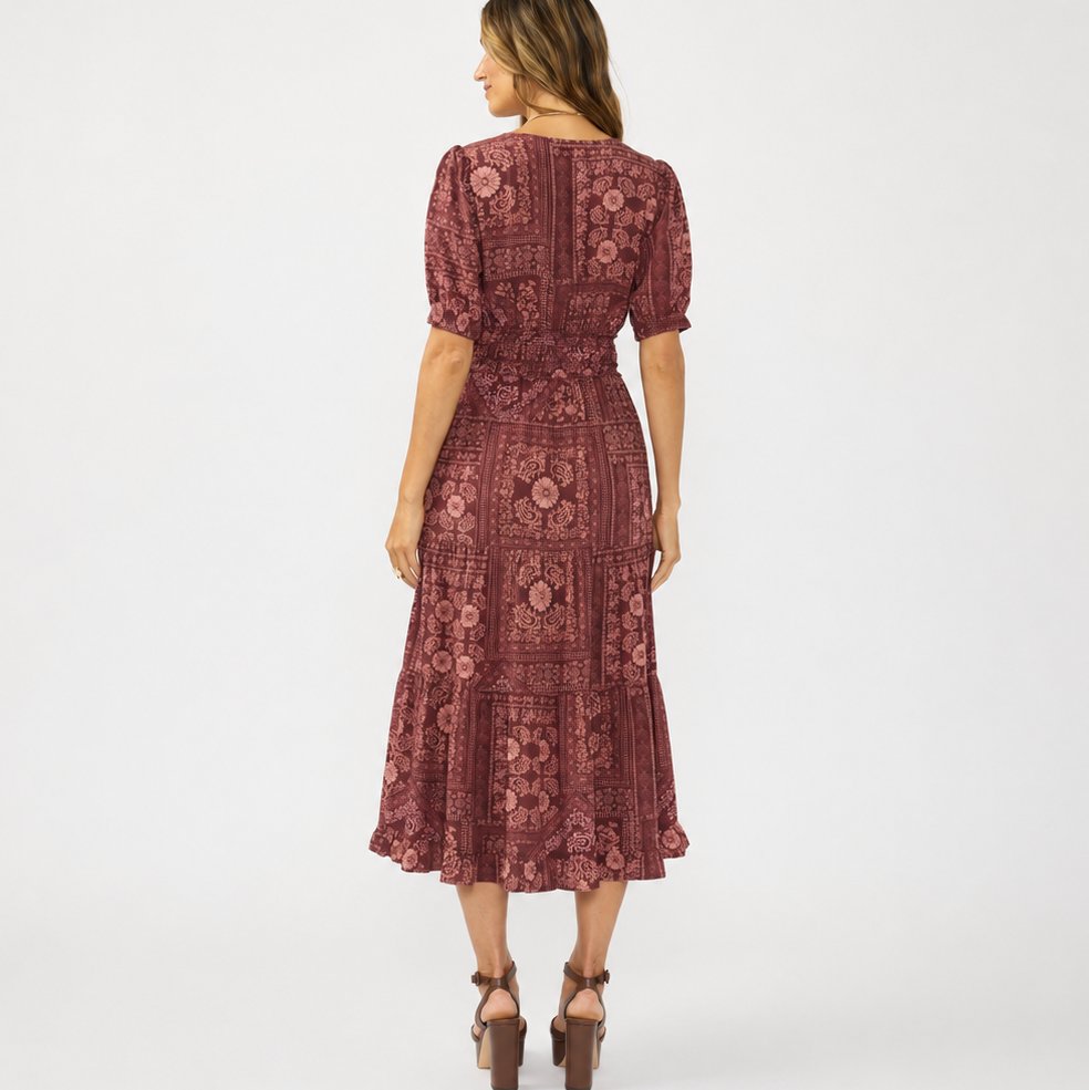 Puff Sleeve Tiered Midi Dress - Wine/Dusty Rose