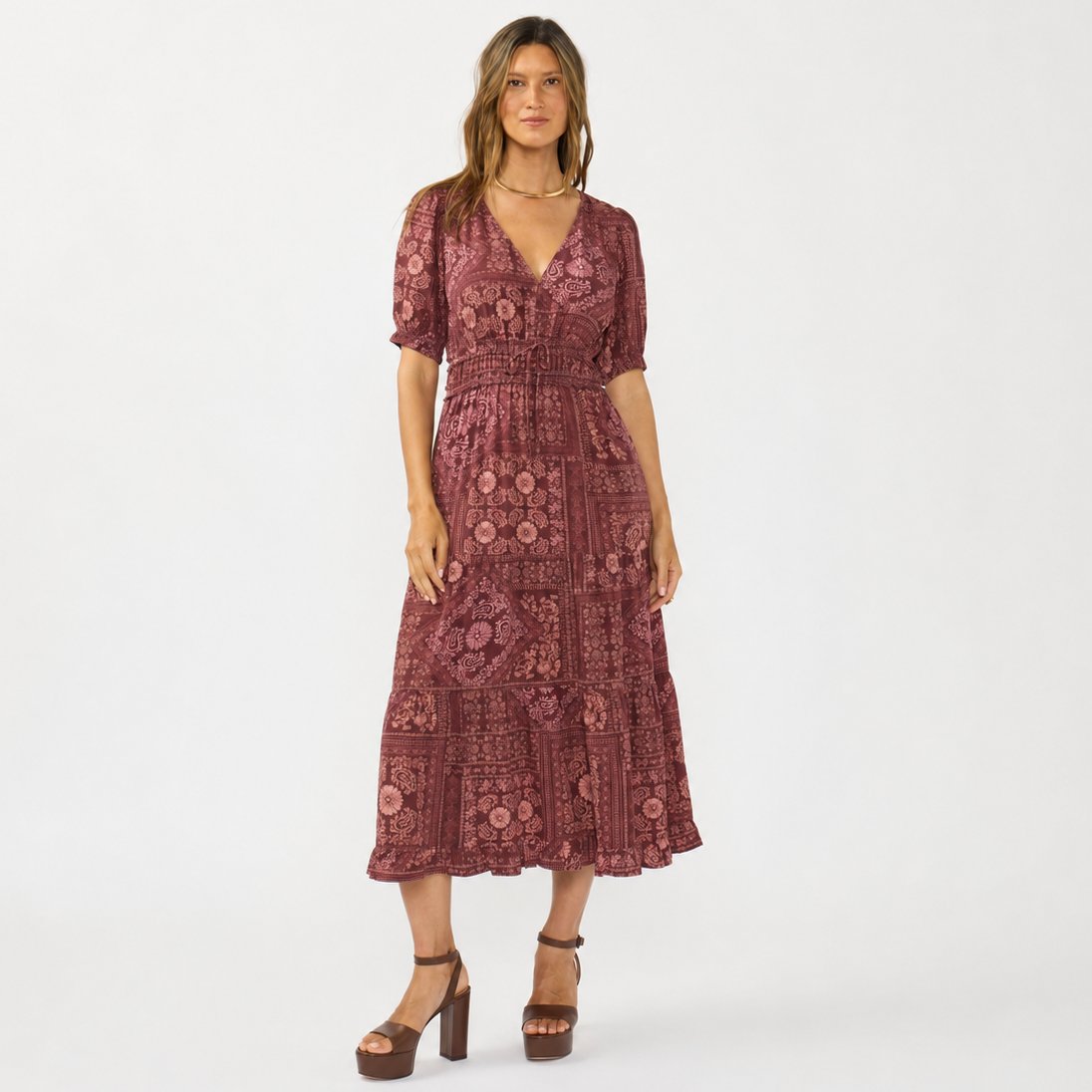 Puff Sleeve Tiered Midi Dress - Wine/Dusty Rose