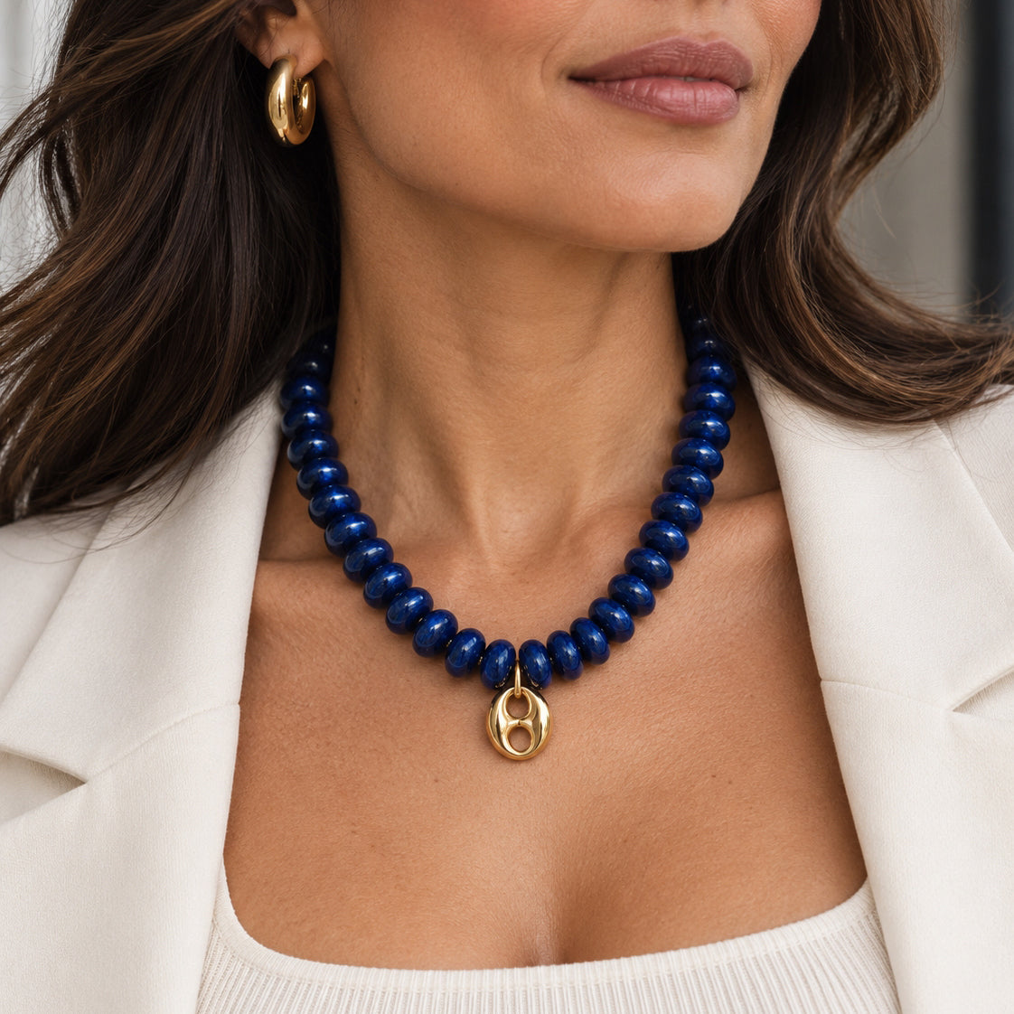 Navy Rondelle + Horsebit Pendant Necklace