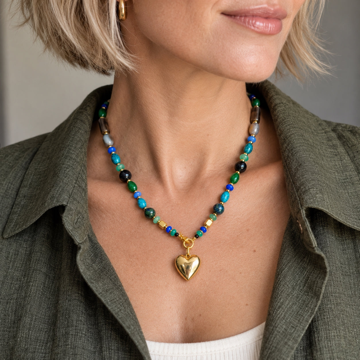 Multicolor Beaded Heart Pendant Necklace