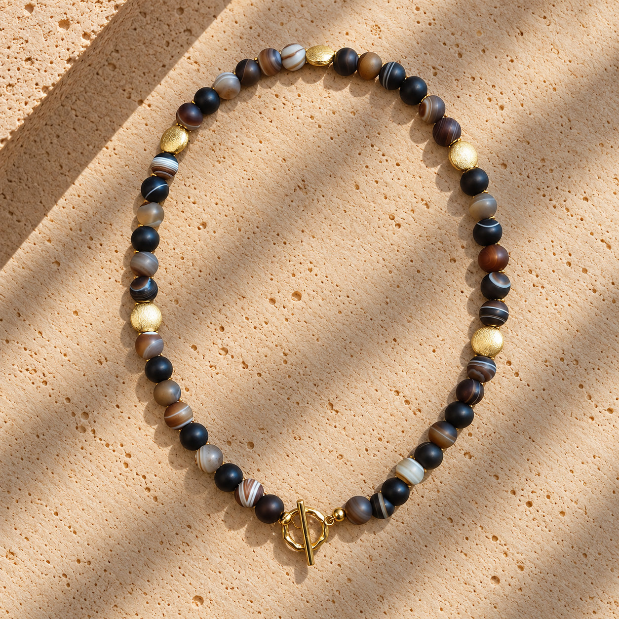 Brown + Black Agate Disc Beaded Necklace