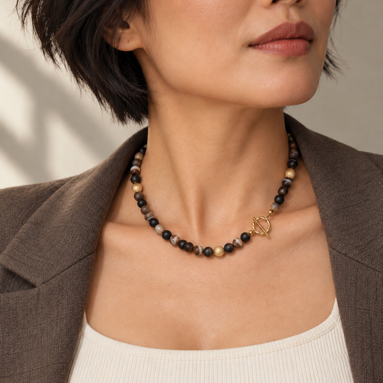 Brown + Black Agate Disc Beaded Necklace
