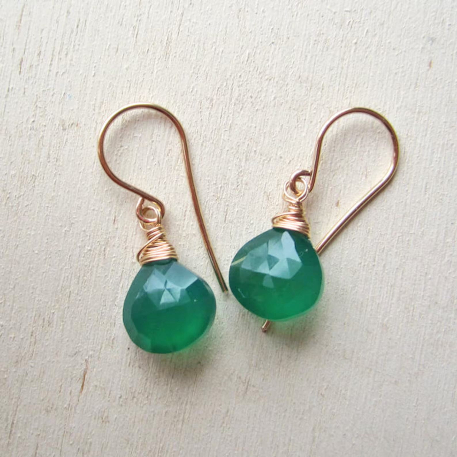 Green Onyx Gemstone Petite Drop Earrings - Gold Fill