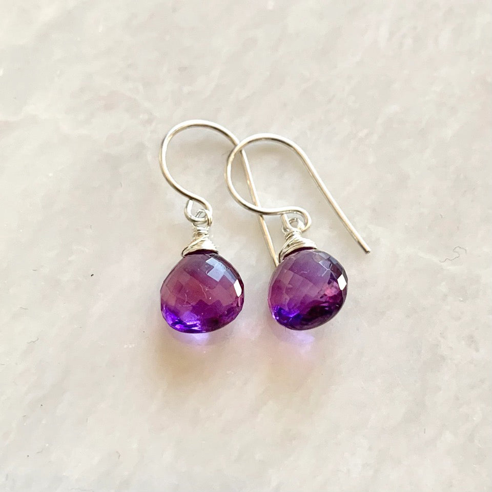 Amethyst Gemstone Petite Drop Earrings - Sterling Silver