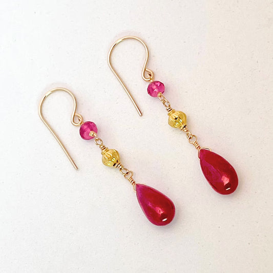 Ruby Drop Earrings with Pink Tourmaline and 18K Gold Beads