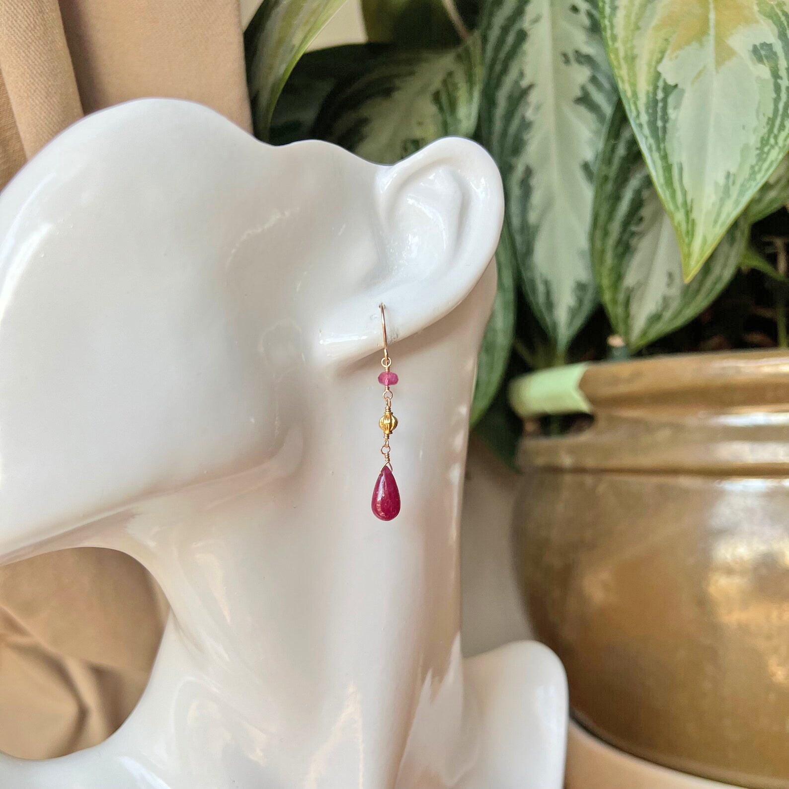 Ruby Drop Earrings with Pink Tourmaline and 18K Gold Beads