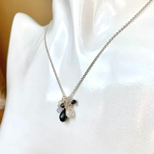 Black Onyx Multi-Gemstone Cluster Necklace - Sterling Silver