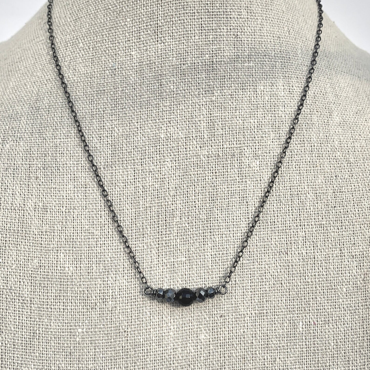 Black Onyx, Silver Hematite + Moissanite Bar Necklace - Oxidized Sterling Silver