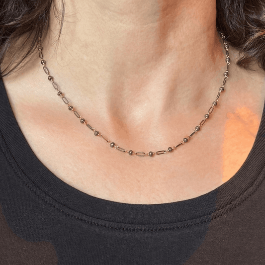 Hematite Beads Open Links Necklace - Oxidized Sterling Silver + Gold Filled