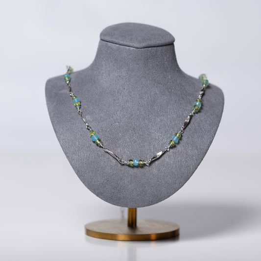 Chalcedony + Peridot Bone Chain Necklace - Sterling Silver
