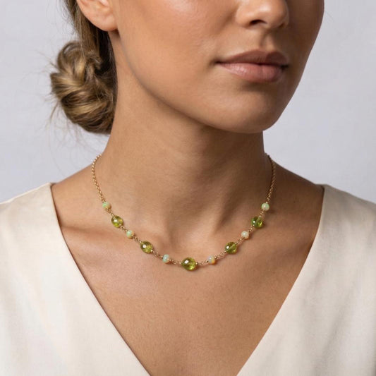 Peridot + Welo Opal Gemstone Station Necklace - Gold Filled