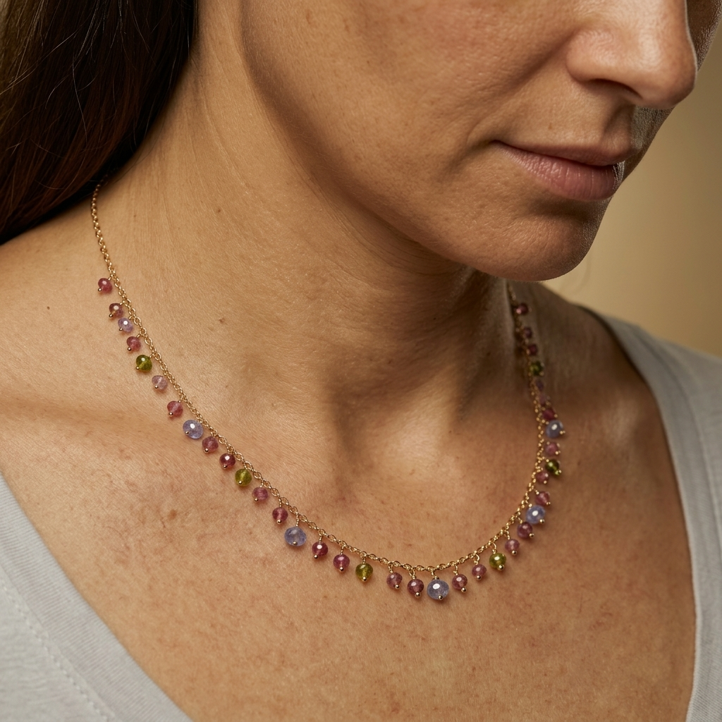 Tanzanite with Pink + Green Tourmaline Gemstone Confetti Necklace - Gold Filled