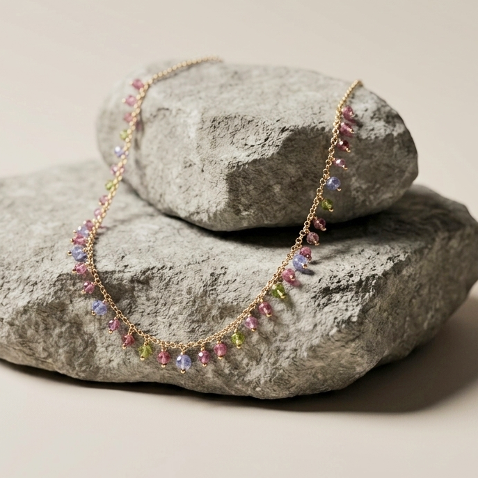 Tanzanite with Pink + Green Tourmaline Gemstone Confetti Necklace - Gold Filled
