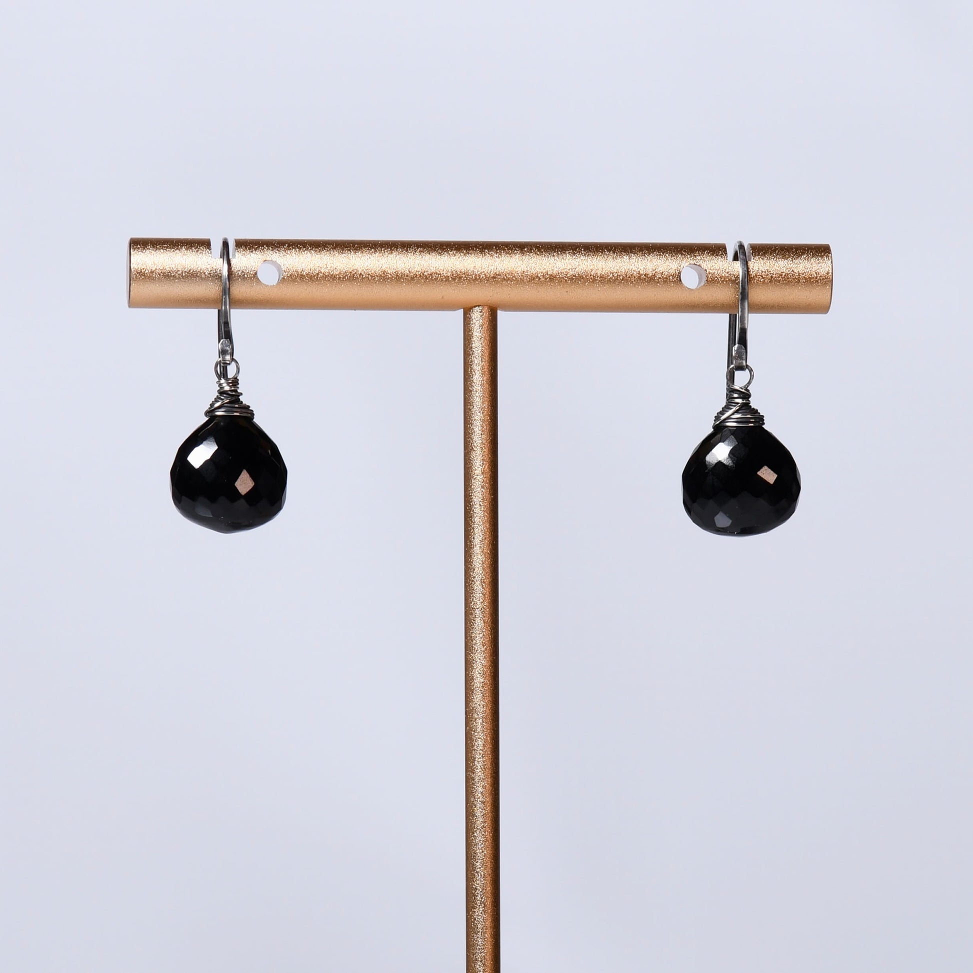 Black Spinel Heart Shaped Drop Earrings - Oxidized Sterling Silver 