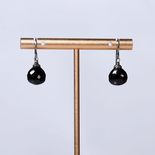 Black Spinel Heart Shaped Drop Earrings - Oxidized Sterling Silver 