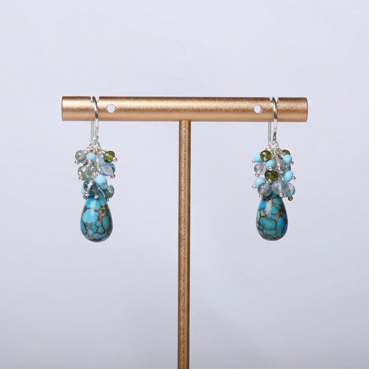 Turquoise, Tourmaline, Topaz + Fluorite Cluster Drop Earrings - Sterling Silver