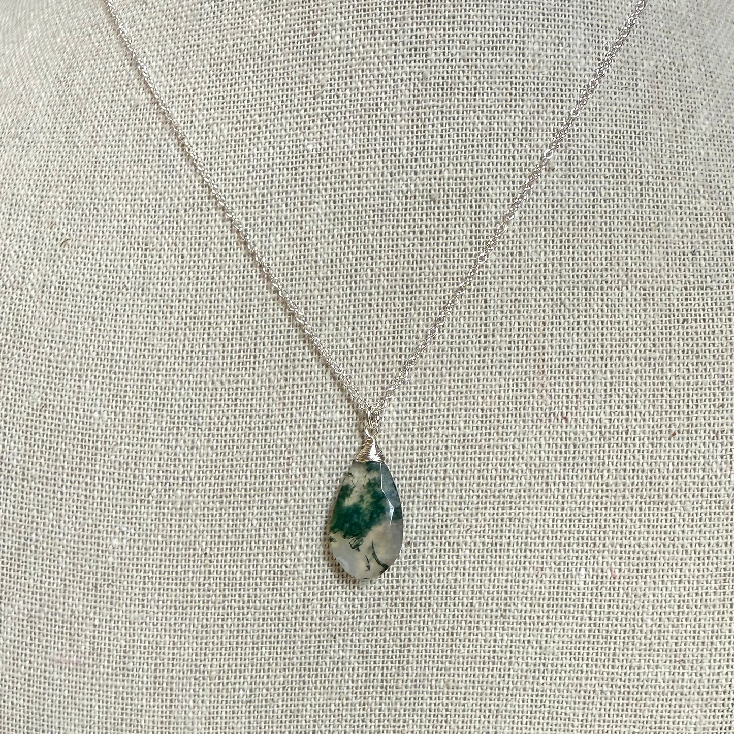 Moss Agate Gemstone Pendant Necklace - Sterling Silver