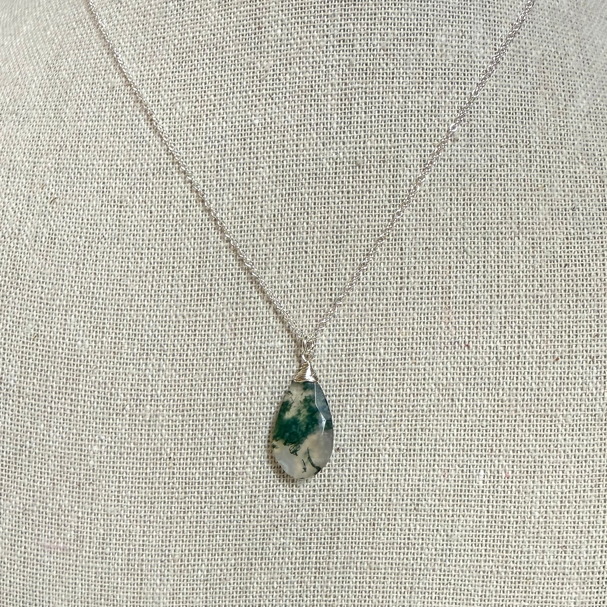 Moss Agate Gemstone Pendant Necklace - Sterling Silver