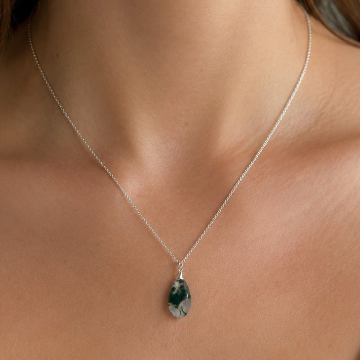 Moss Agate Gemstone Pendant Necklace - Sterling Silver