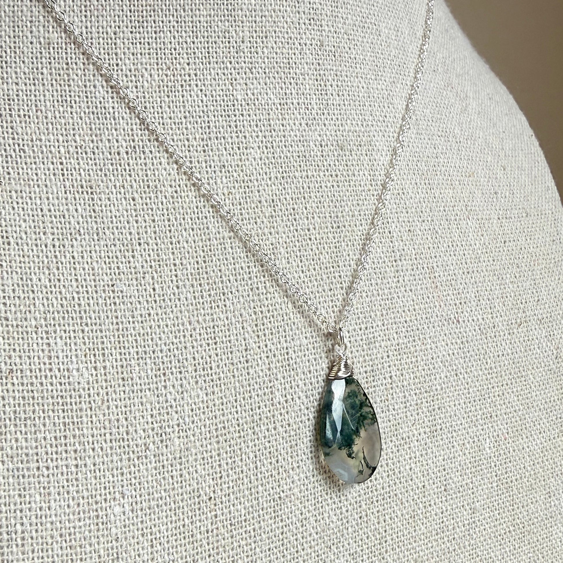 Moss Agate Gemstone Pendant Necklace - Sterling Silver
