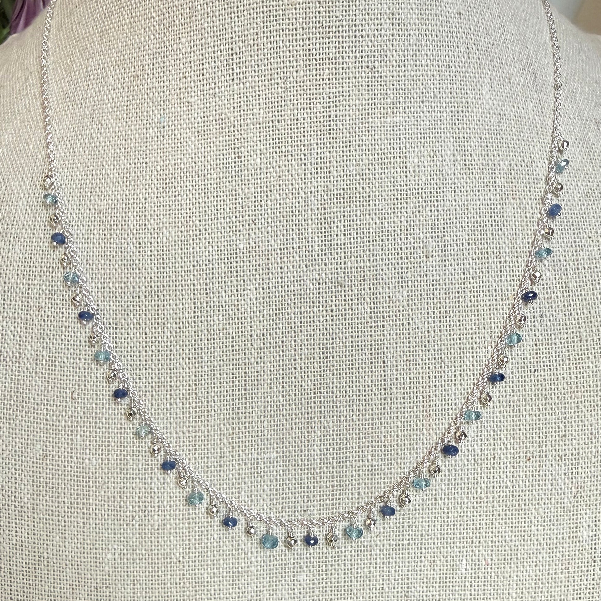 Sapphire, Aquamarine + Hematite Fringe Necklace – Sterling Silver