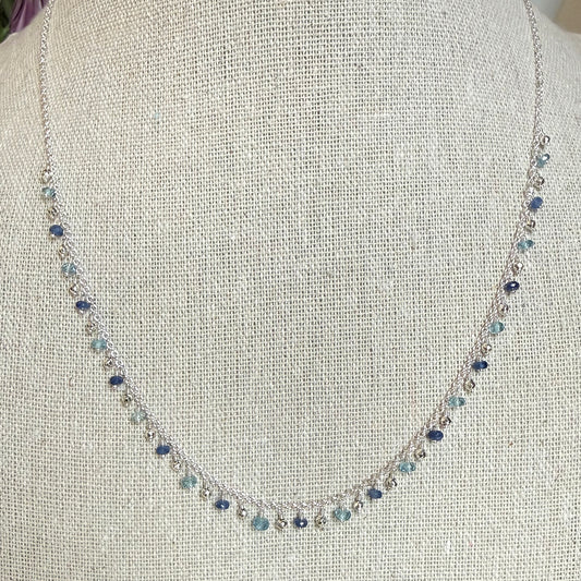 Sapphire, Aquamarine + Hematite Fringe Necklace – Sterling Silver