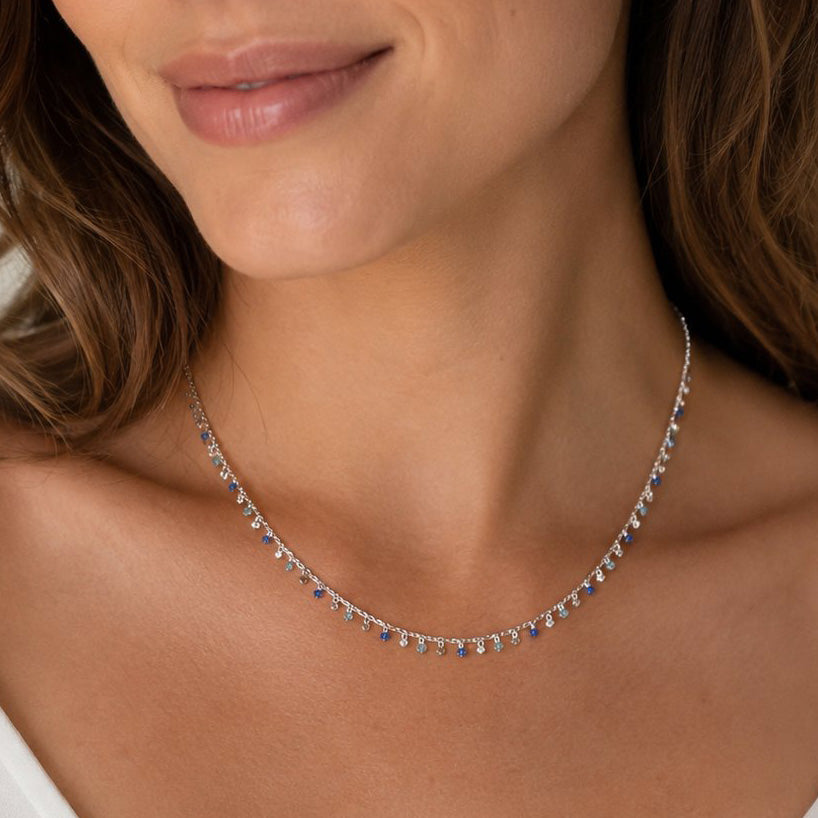 Sapphire, Aquamarine + Hematite Fringe Necklace – Sterling Silver