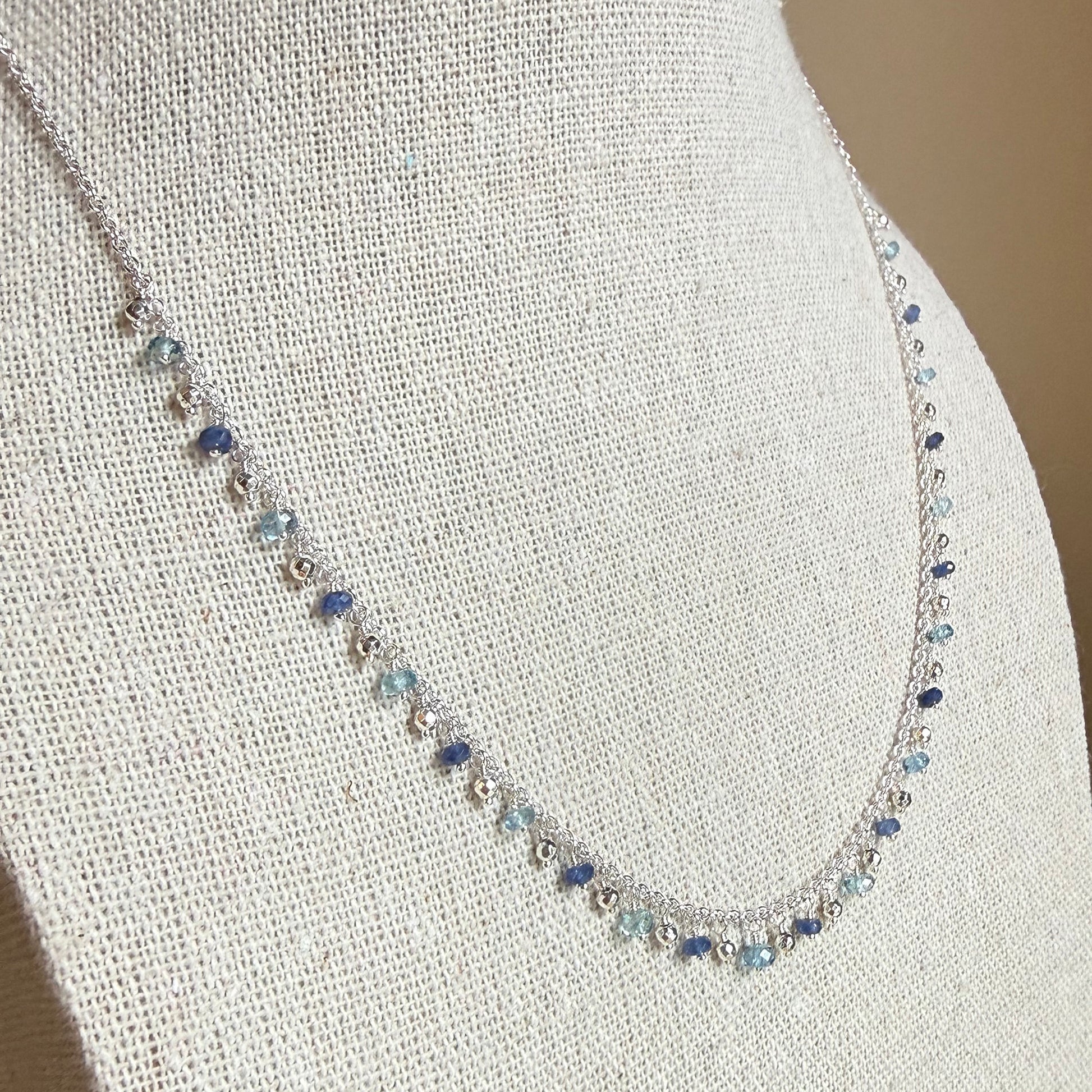 Sapphire, Aquamarine + Hematite Fringe Necklace – Sterling Silver