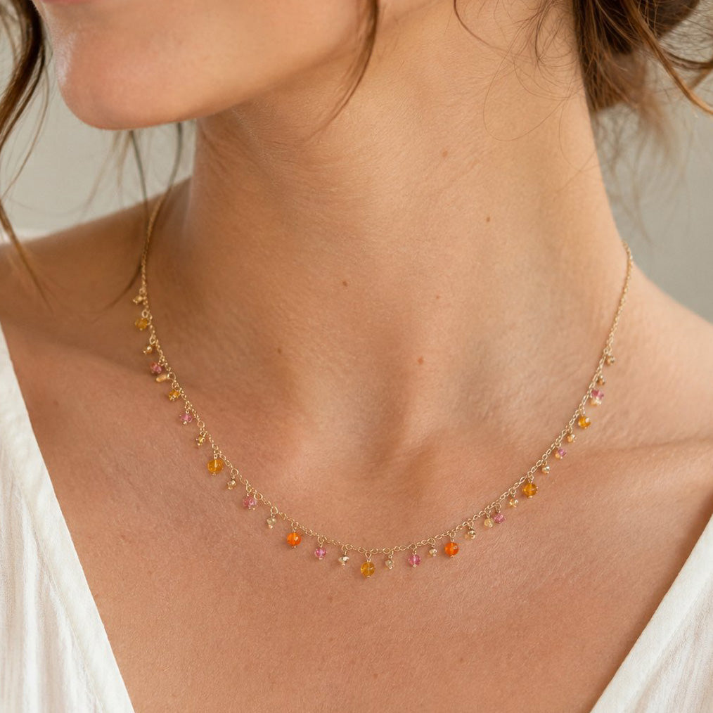 Pink Tourmaline, Carnelian, Citrine + Hematite Fringe Necklace – Gold Filled