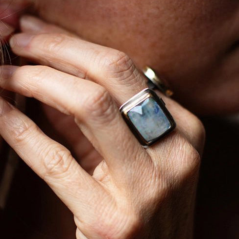 Mixed-Metal Large Rectangle Rainbow Moonstone Ring