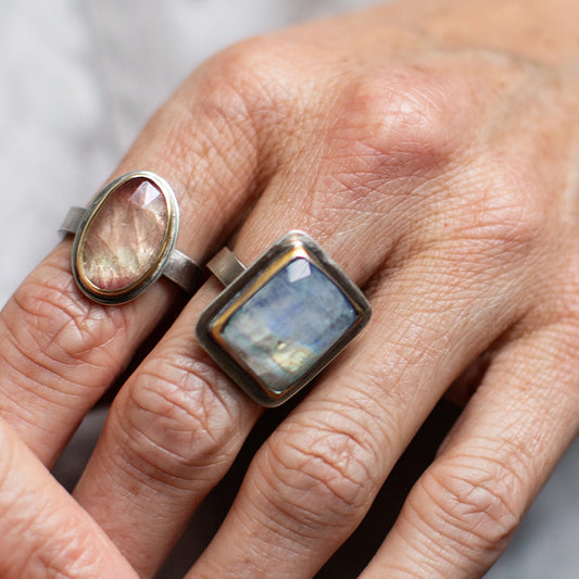 Mixed-Metal Large Rectangle Rainbow Moonstone Ring