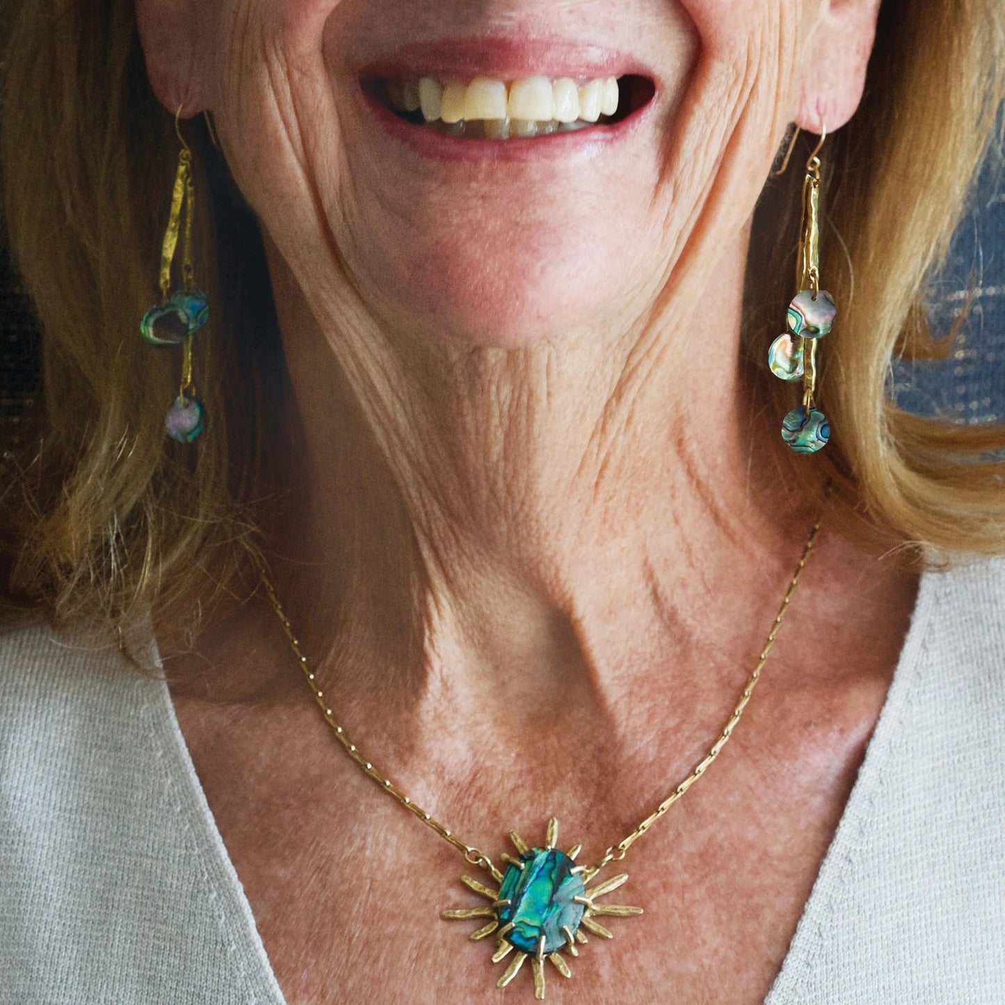 Paua Shell + Hammered Brass 'Lyra' Dangle Earrings