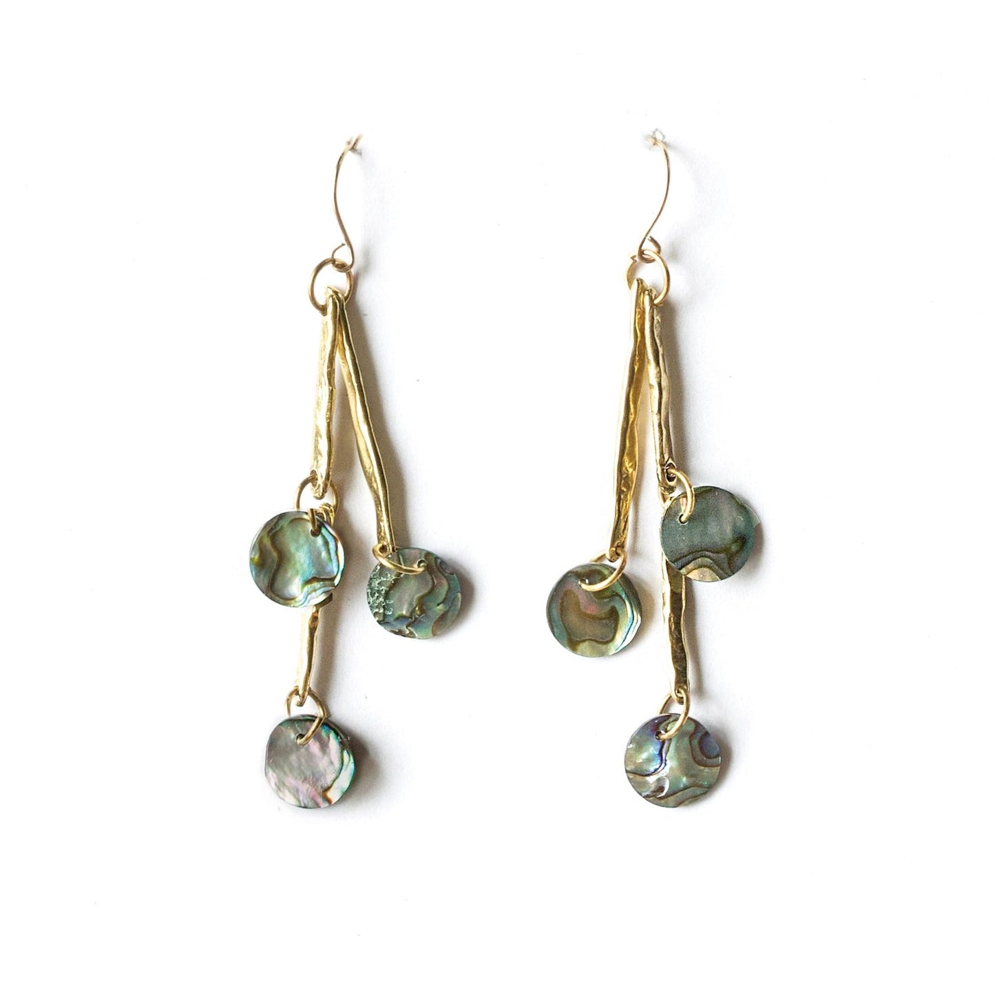 Paua Shell + Hammered Brass 'Lyra' Dangle Earrings