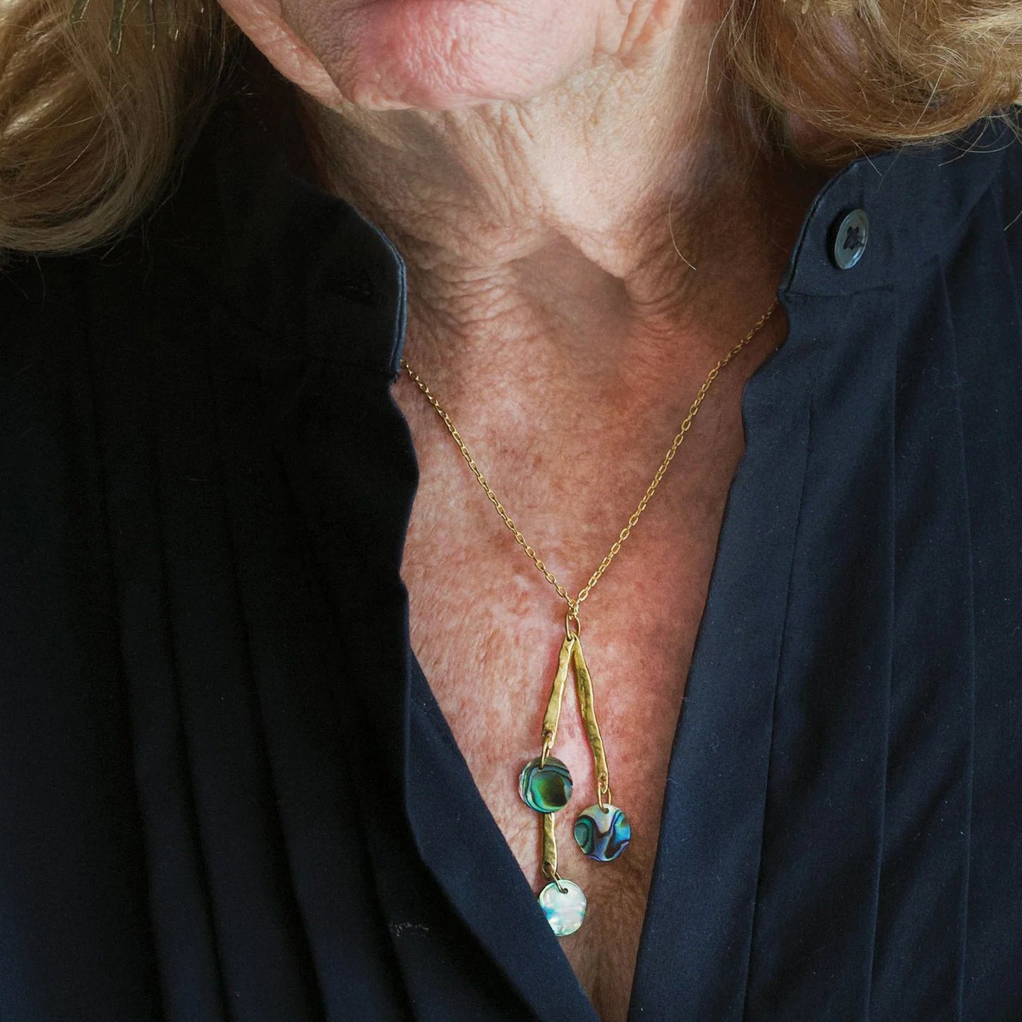 Paua Shell + Hammered Brass 'Lyra' Pendant Necklace